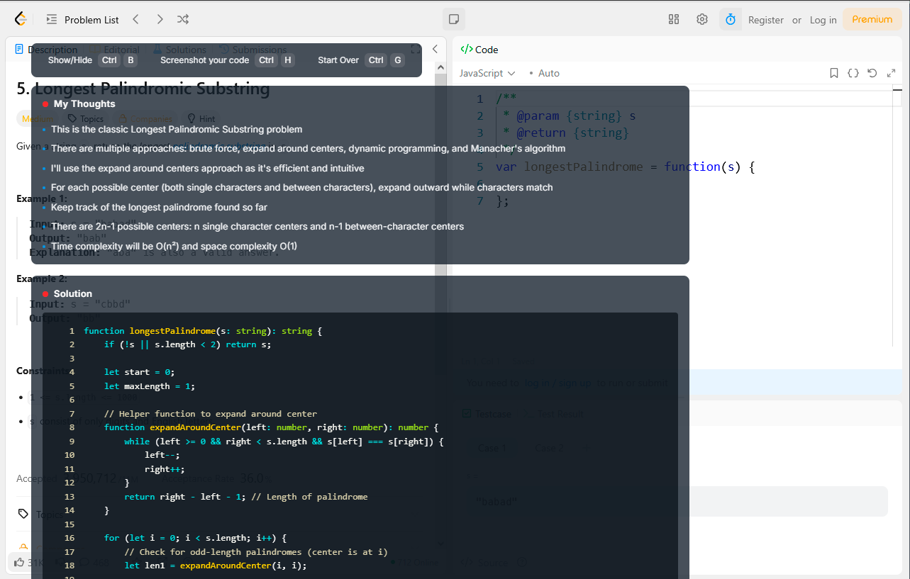Codeace overlay showing AI-powered solution and thought process